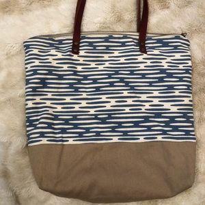 Blue, white and tan beach tote